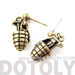 Realistic Hand Grenade Bomb Ammo Shaped Dangle Drop Stud Earrings in Brass | DOTOLY