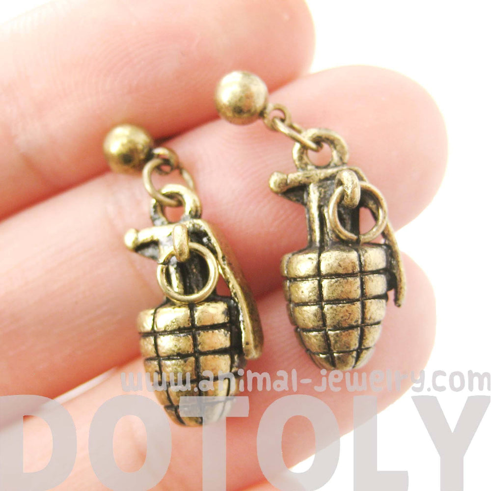 Realistic Hand Grenade Bomb Ammo Shaped Dangle Drop Stud Earrings in Brass | DOTOLY