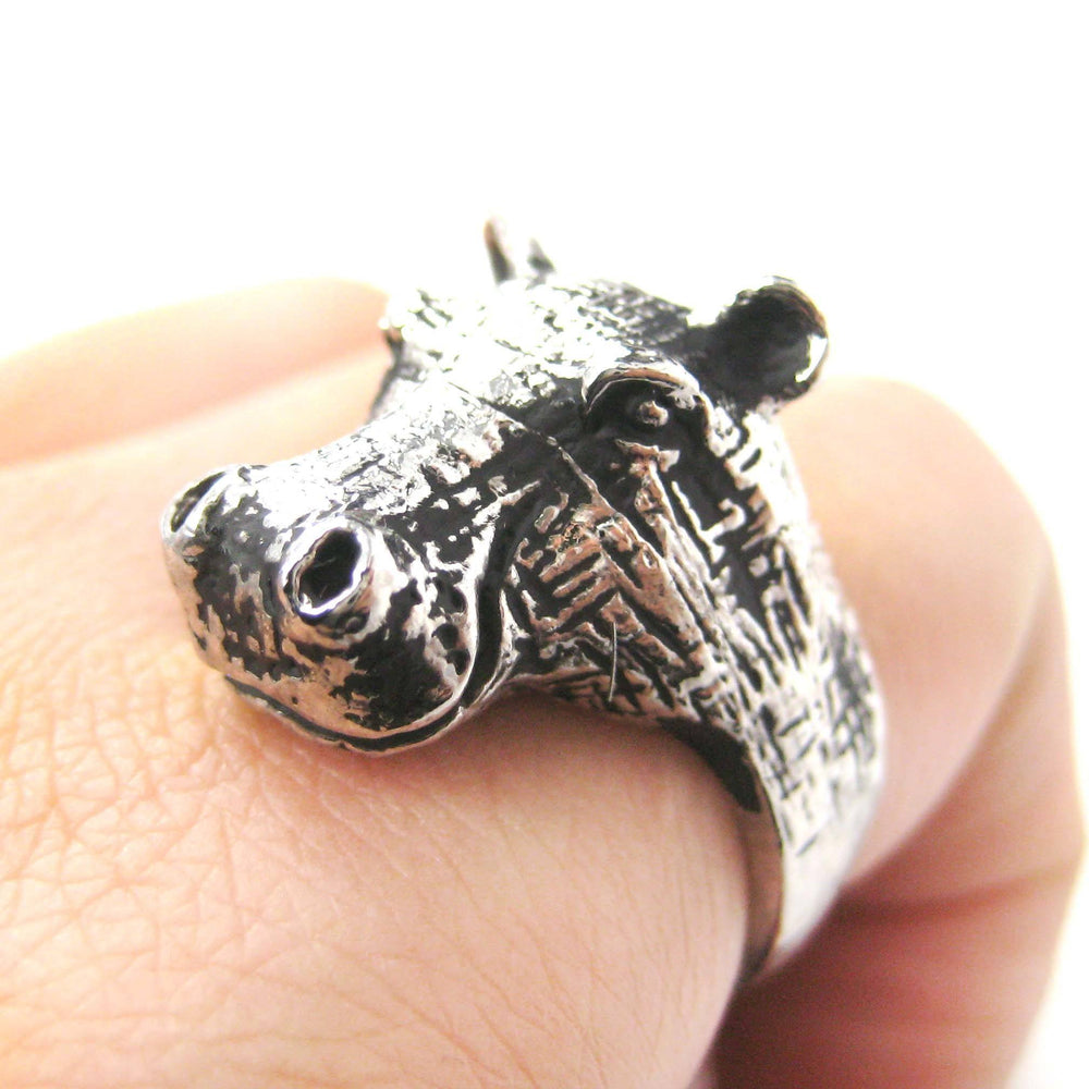 Realistic Hippo hippopotamus Shaped Animal Ring in Silver | US Size 7 and 8 | DOTOLY