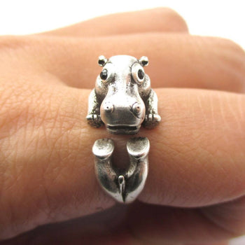 Realistic Hippo Hippopotamus Shaped Animal Wrap Ring in Silver | US Size 6 to 9 | DOTOLY