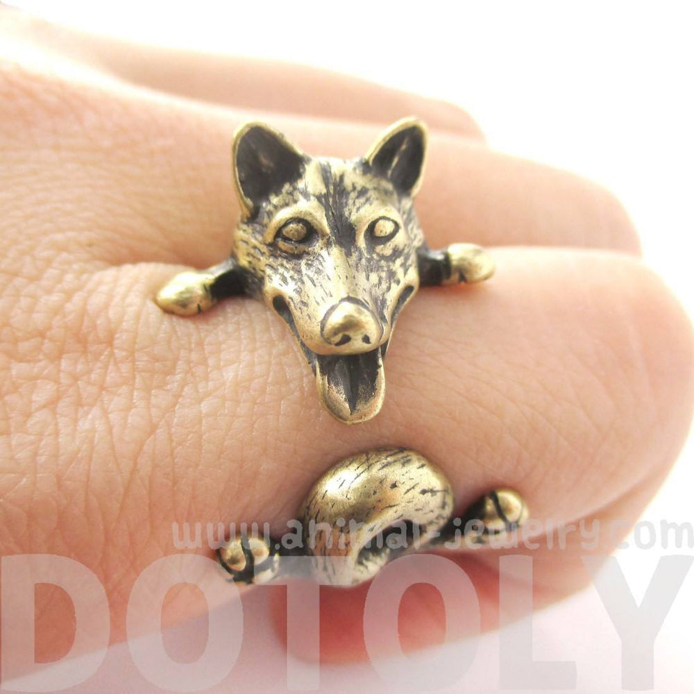 Realistic Husky Puppy Shaped Animal Wrap Ring in Brass | Sizes 6 to 9 | DOTOLY