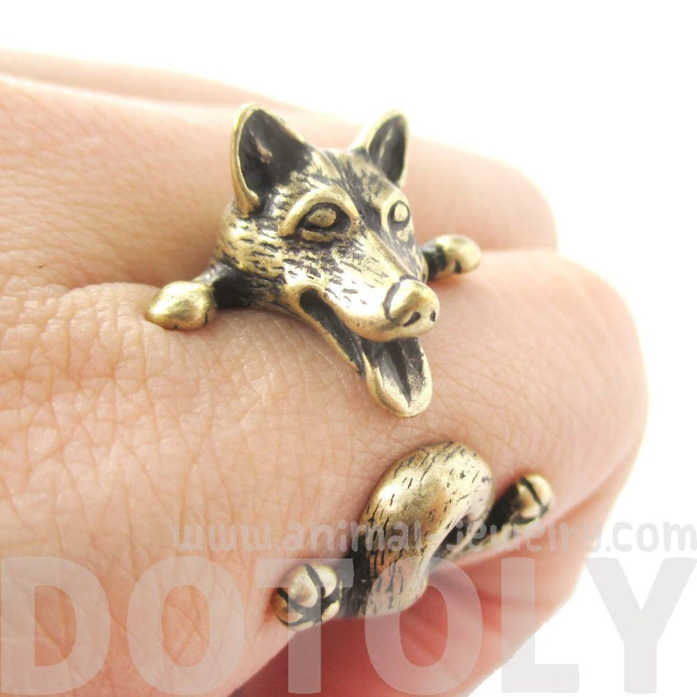 Realistic Husky Puppy Shaped Animal Wrap Ring in Brass | Sizes 6 to 9 | DOTOLY
