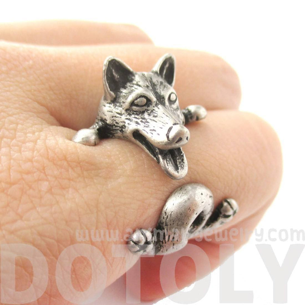 Realistic Husky Puppy Shaped Animal Wrap Ring in Silver | Sizes 6 to 9 | DOTOLY