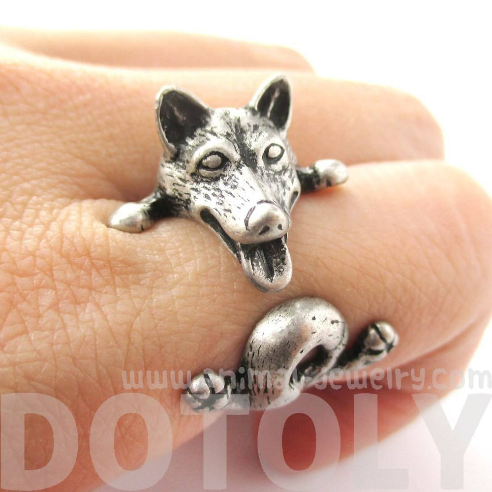 Realistic Husky Puppy Shaped Animal Wrap Ring in Silver | Sizes 6 to 9 | DOTOLY