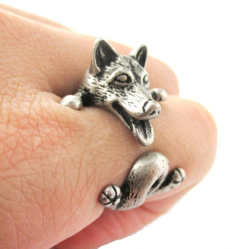 Realistic Husky Puppy Shaped Animal Wrap Ring in Silver | Sizes 6 to 9 | DOTOLY