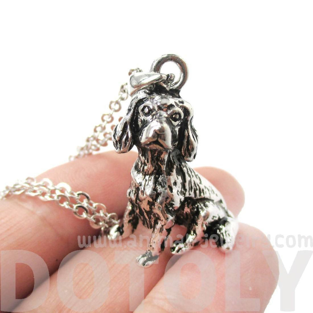 Realistic King Charles Spaniel Shaped Animal Pendant Necklace in Shiny Silver | DOTOLY