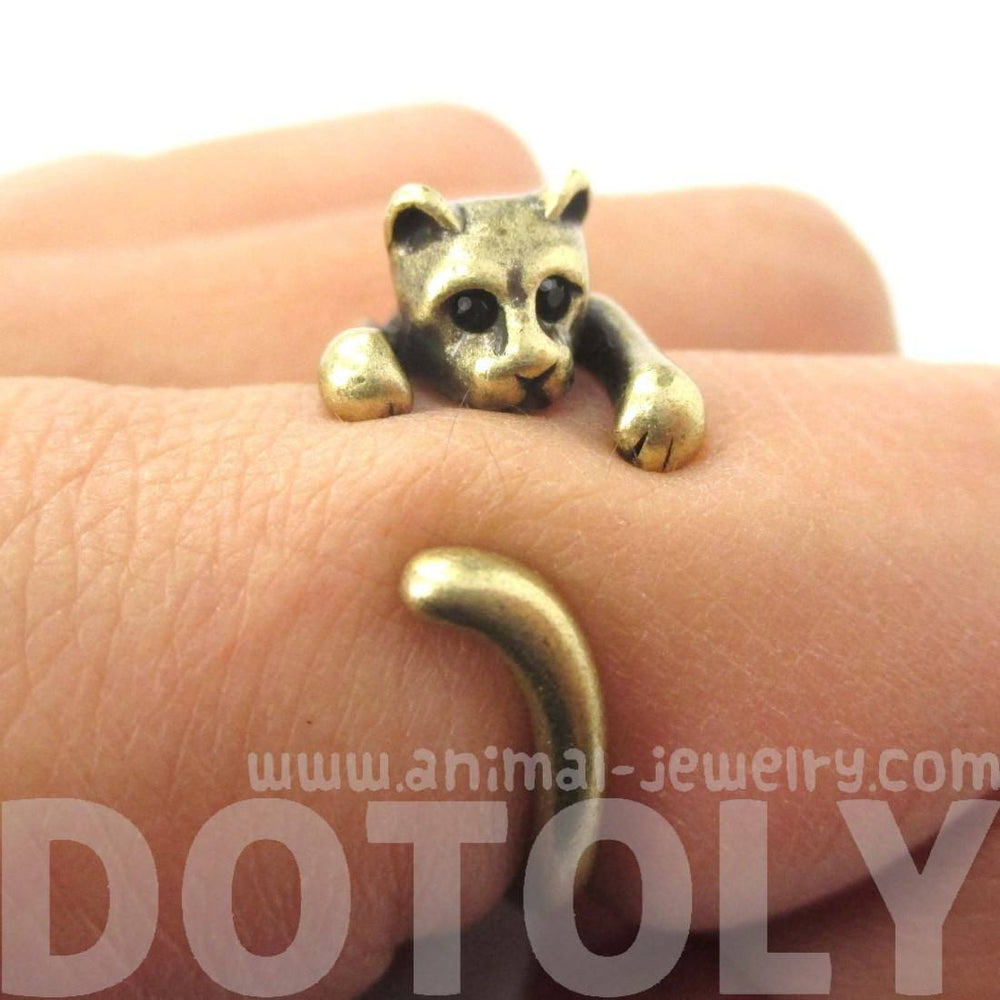 Realistic Kitty Cat Shaped Animal Wrap Around Ring in Brass | US Size 3 to Size 8.5 | DOTOLY