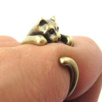 Realistic Kitty Cat Shaped Animal Wrap Around Ring in Brass | US Size 3 to Size 8.5 | DOTOLY