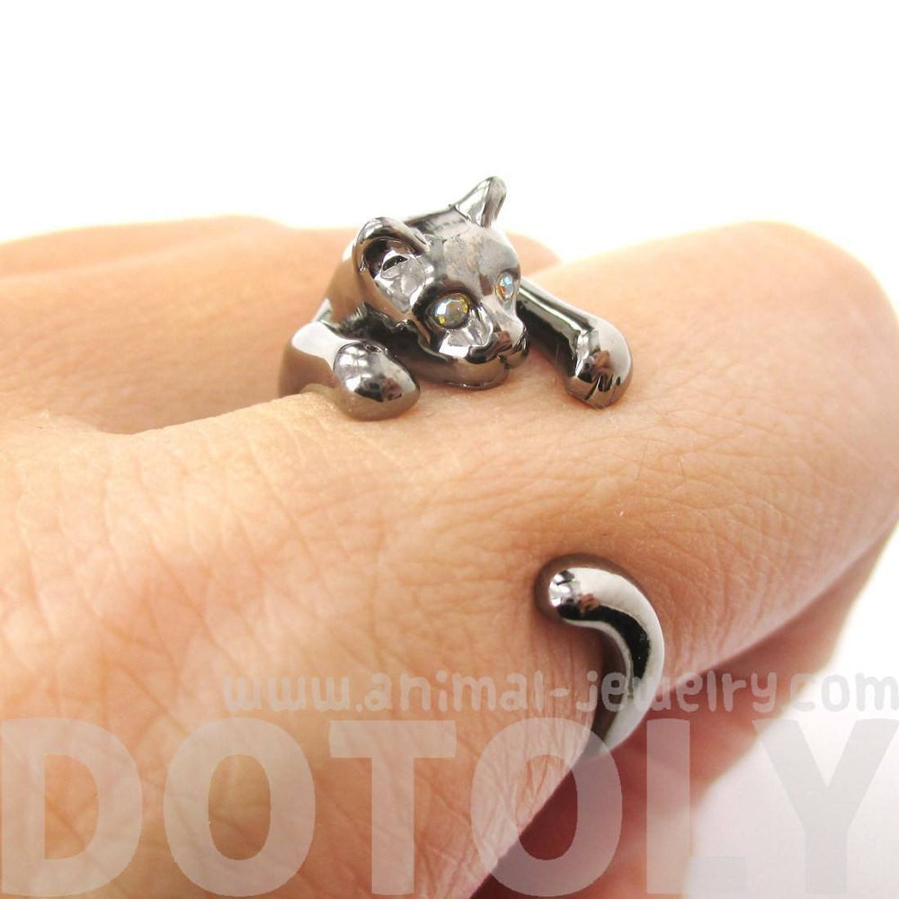 Realistic Kitty Cat Shaped Animal Wrap Around Ring in Gunmetal Silver | US Size 3 to Size 8.5 | DOTOLY