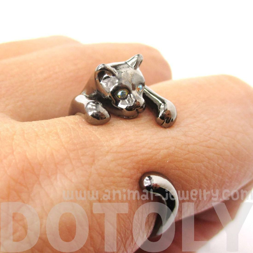 Realistic Kitty Cat Shaped Animal Wrap Around Ring in Gunmetal Silver | US Size 3 to Size 8.5 | DOTOLY