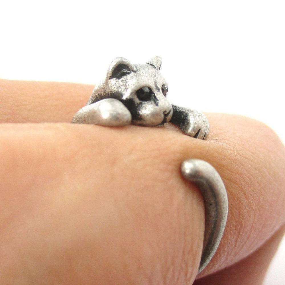 Realistic Kitty Cat Shaped Animal Wrap Around Ring in Silver | US Size 3 to Size 8.5 | DOTOLY