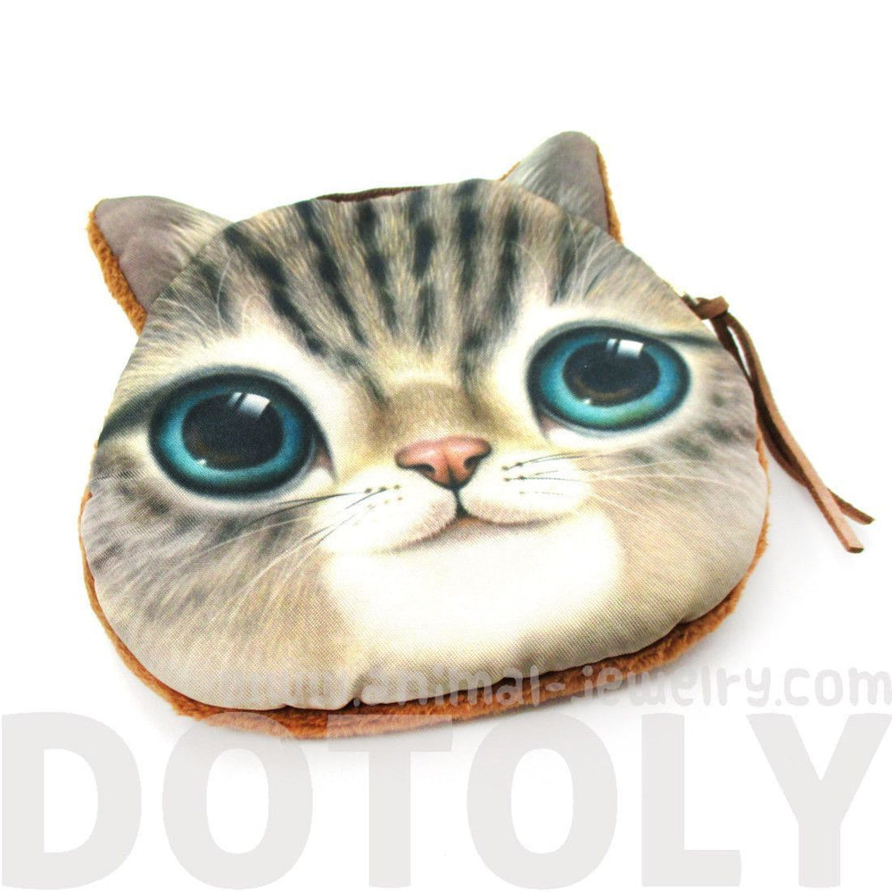 Realistic Kitty Cat Tabby Face Shaped Soft Fabric Zipper Coin Purse Make Up Bag with Green Eyes | DOTOLY