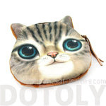 Realistic Kitty Cat Tabby Face Shaped Soft Fabric Zipper Coin Purse Make Up Bag with Green Eyes | DOTOLY