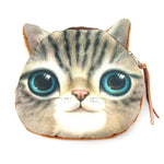 Realistic Kitty Cat Tabby Face Shaped Soft Fabric Zipper Coin Purse Make Up Bag with Green Eyes | DOTOLY