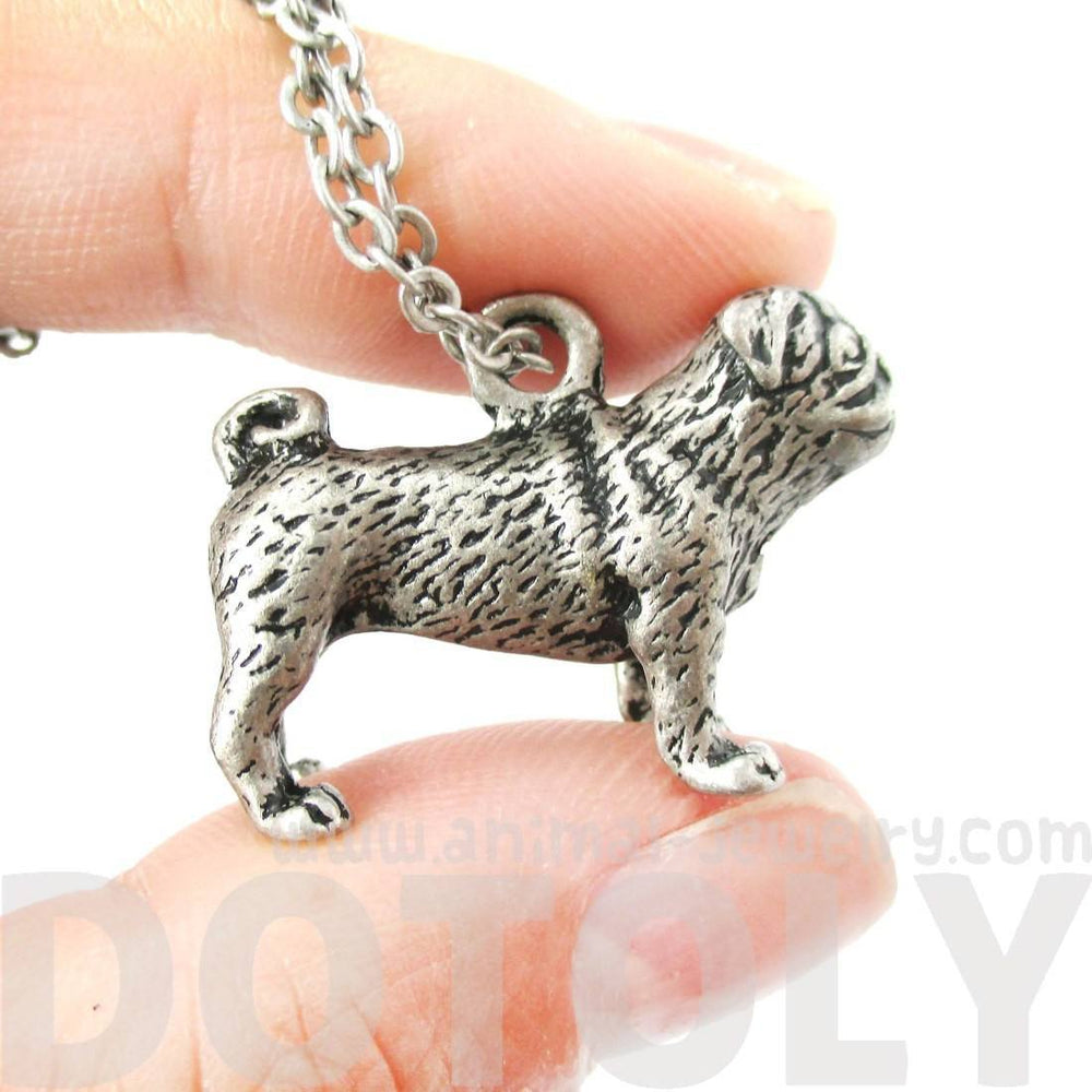 Realistic Life Like Pug Shaped Animal Pendant Necklace in Silver | Jewelry for Dog Lovers | DOTOLY