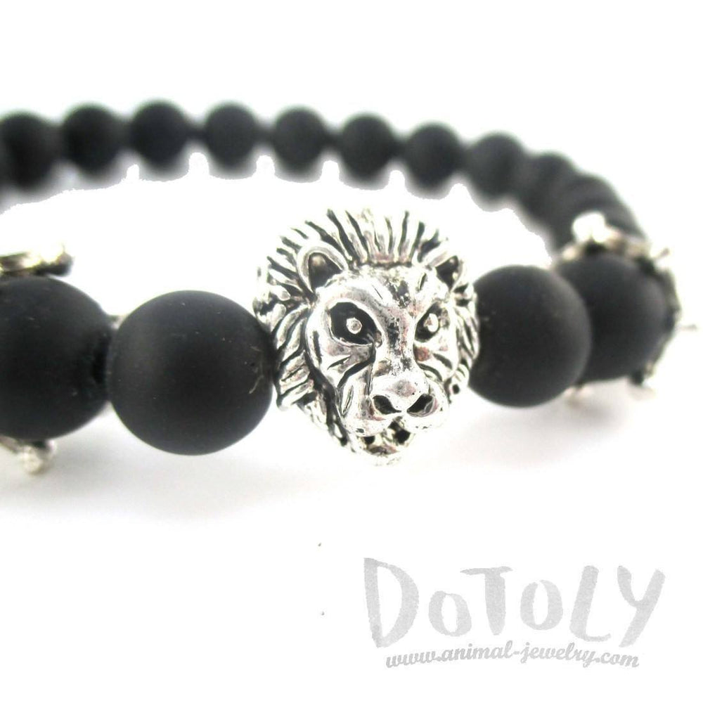 Realistic Lion Face and Crown Charm Stretchy Black Beaded Bracelet