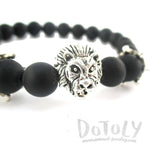 Realistic Lion Face and Crown Charm Stretchy Black Beaded Bracelet