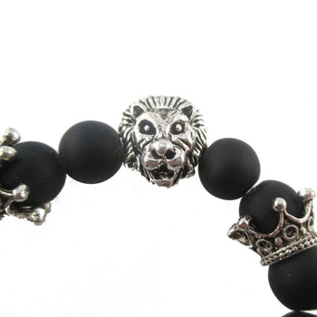 Realistic Lion Face and Crown Charm Stretchy Black Beaded Bracelet