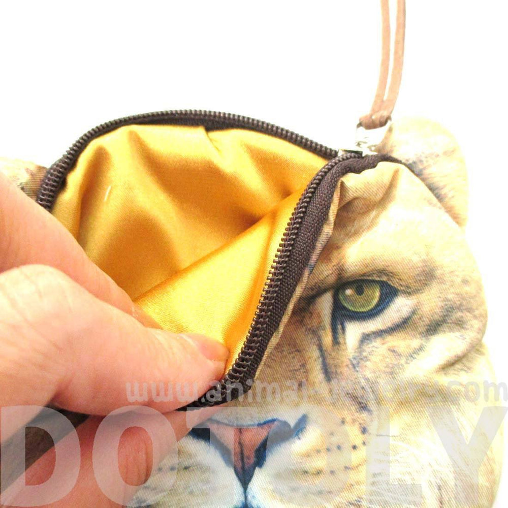 Realistic Lion Face Shaped Soft Fabric Zipper Photo Print Coin Purse Make Up Bag | DOTOLY