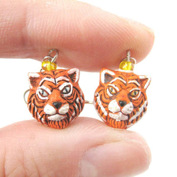Realistic Tiger Head Shaped Porcelain Ceramic Animal Dangle Earrings