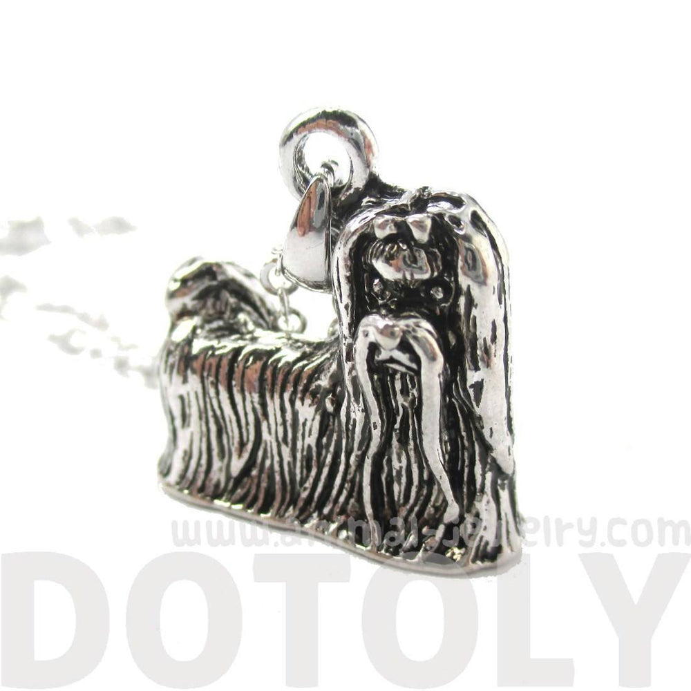 Realistic Long Haired Maltese Puppy Dog Shaped Necklace in Shiny Silver | DOTOLY