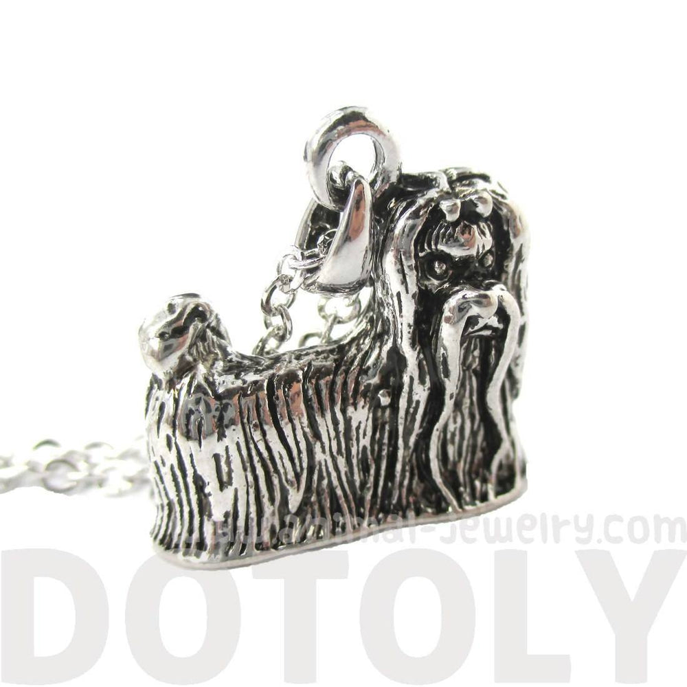 Realistic Long Haired Maltese Puppy Dog Shaped Necklace in Shiny Silver | DOTOLY