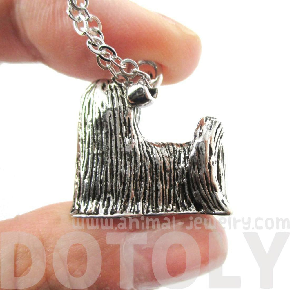 Realistic Long Haired Maltese Puppy Dog Shaped Pendant Necklace in Silver | DOTOLY