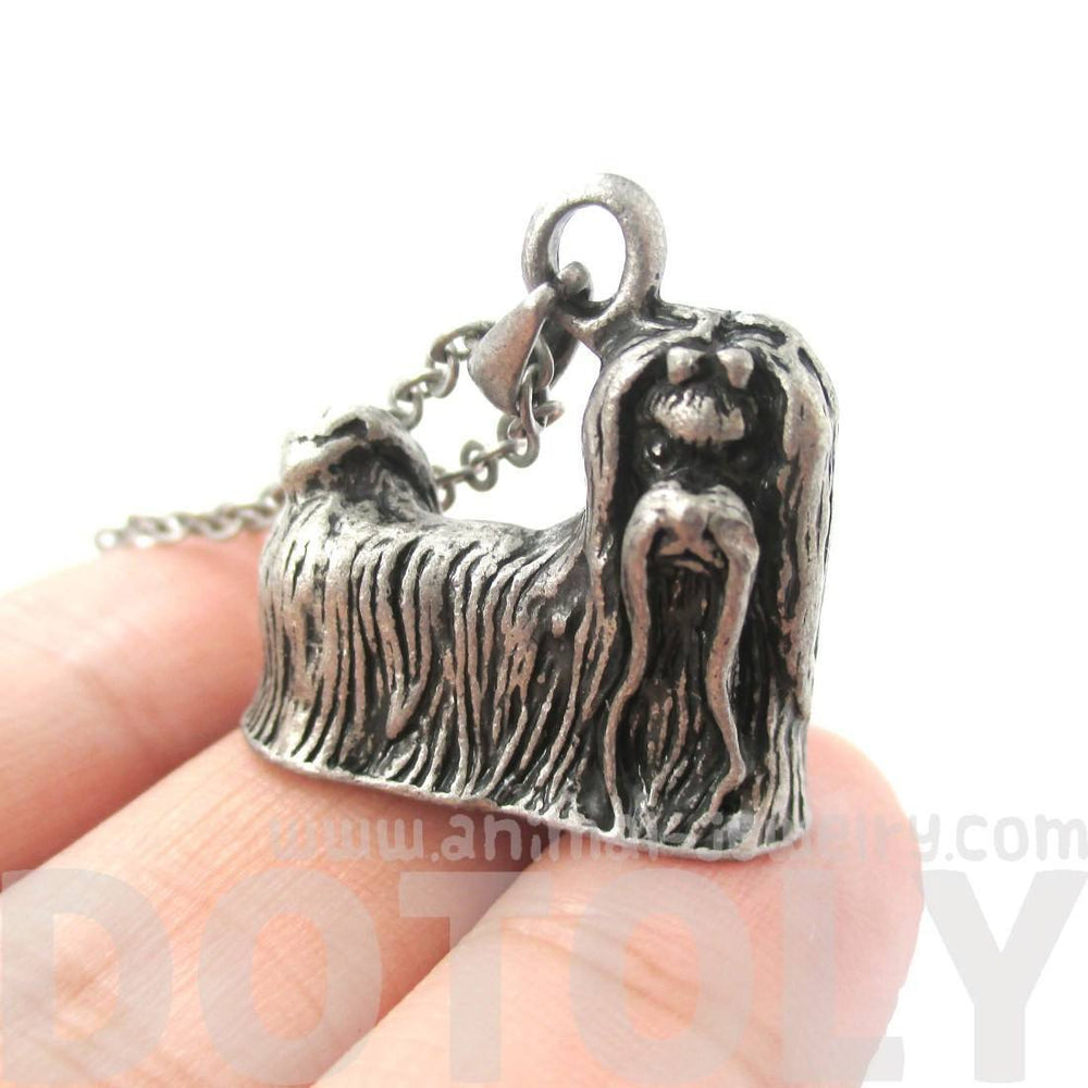 Realistic Long Haired Maltese Puppy Dog Shaped Pendant Necklace in Silver | DOTOLY