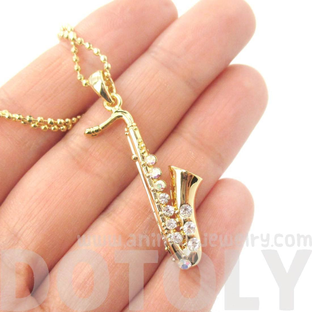 Realistic Miniature Tenor Saxophone Musical Instrument Shaped Pendant Necklace in Gold | DOTOLY