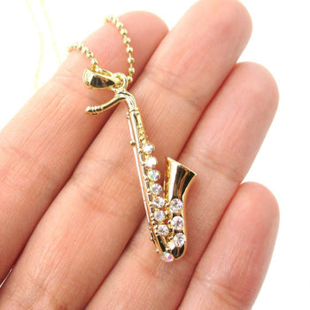 Realistic Miniature Tenor Saxophone Musical Instrument Shaped Pendant Necklace in Gold | DOTOLY