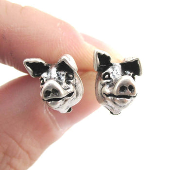 Realistic Piglet Pig Face Shaped Stud Earrings in Silver | Animal Jewelry | DOTOLY