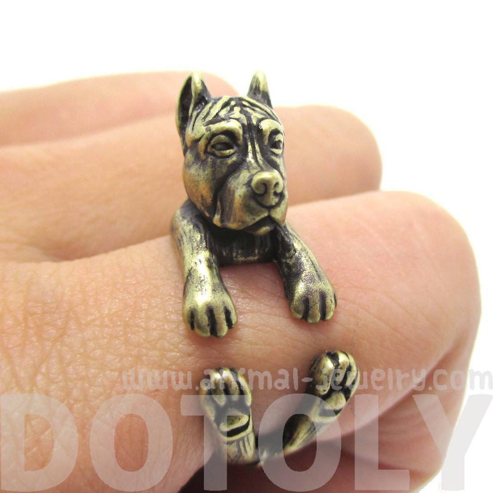 Realistic Pit Bull With Cropped Ears Shaped Animal Wrap Ring in Brass | Sizes 5 to 9 | DOTOLY