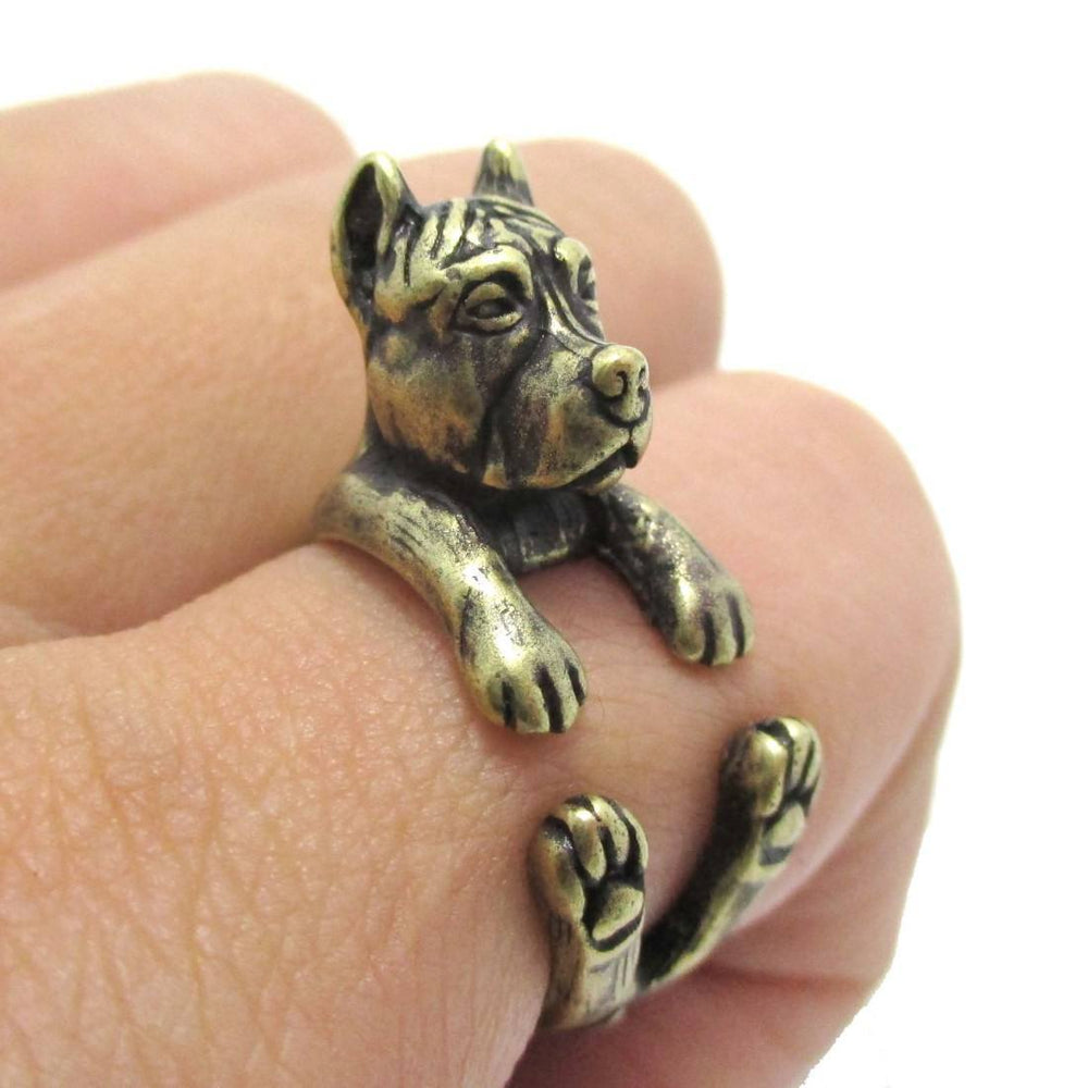 Realistic Pit Bull With Cropped Ears Shaped Animal Wrap Ring in Brass | Sizes 5 to 9 | DOTOLY