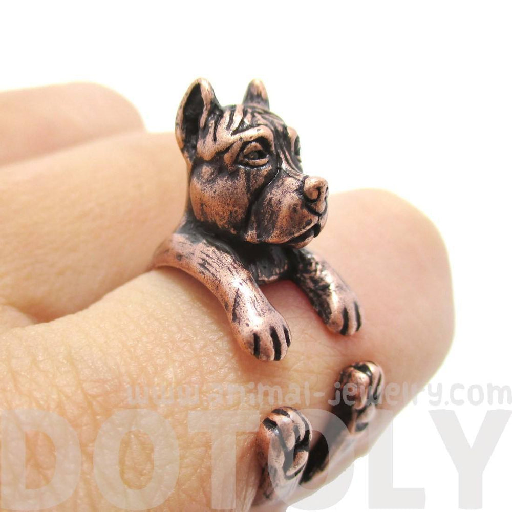 Realistic Pit Bull With Cropped Ears Shaped Animal Wrap Ring in Copper | Sizes 5 to 9 | DOTOLY