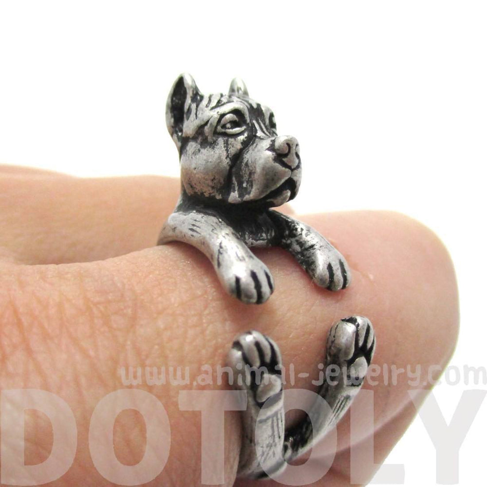 Realistic Pit Bull With Cropped Ears Shaped Animal Wrap Ring in Silver | Sizes 5 to 9 | DOTOLY