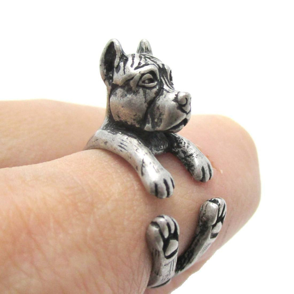 Realistic Pit Bull With Cropped Ears Shaped Animal Wrap Ring in Silver | Sizes 5 to 9 | DOTOLY