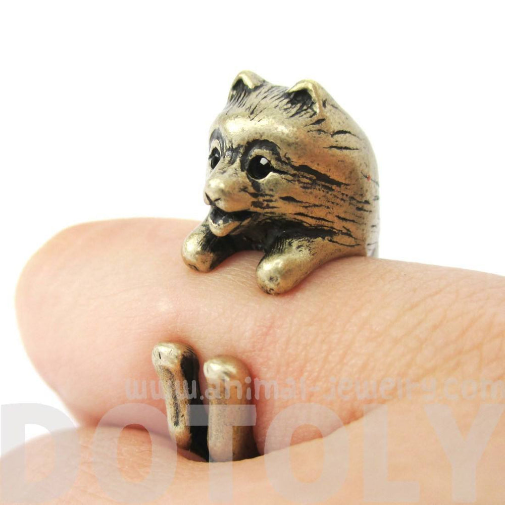 Realistic Pomeranian Pom Puppy Dog Shaped Animal Wrap Around Ring in Brass | US Sizes 4 to 8.5 | DOTOLY