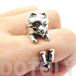 Realistic Pomeranian Pom Puppy Dog Shaped Animal Wrap Around Ring in Shiny Silver | DOTOLY
