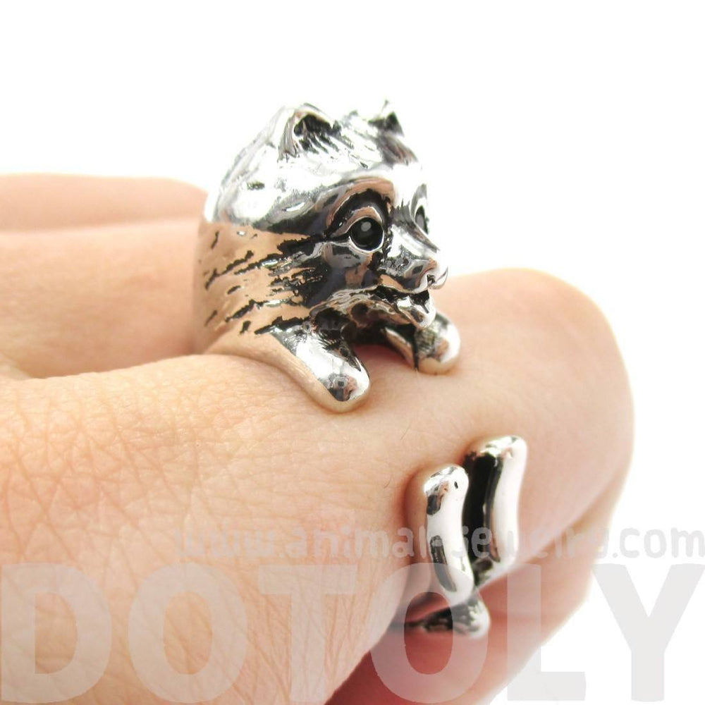 Realistic Pomeranian Puppy Dog Shaped Animal Wrap Ring in Shiny Silver