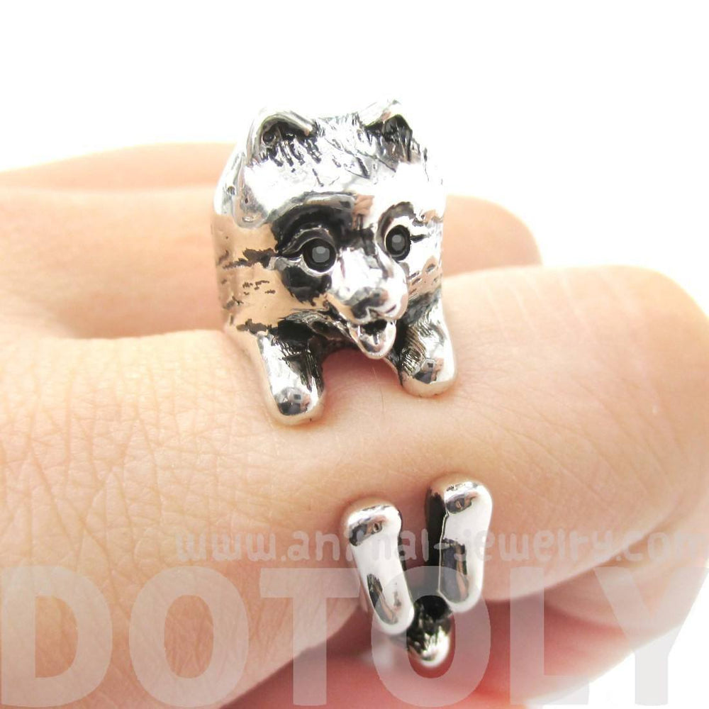 Realistic Pomeranian Puppy Dog Shaped Animal Wrap Ring in Shiny Silver