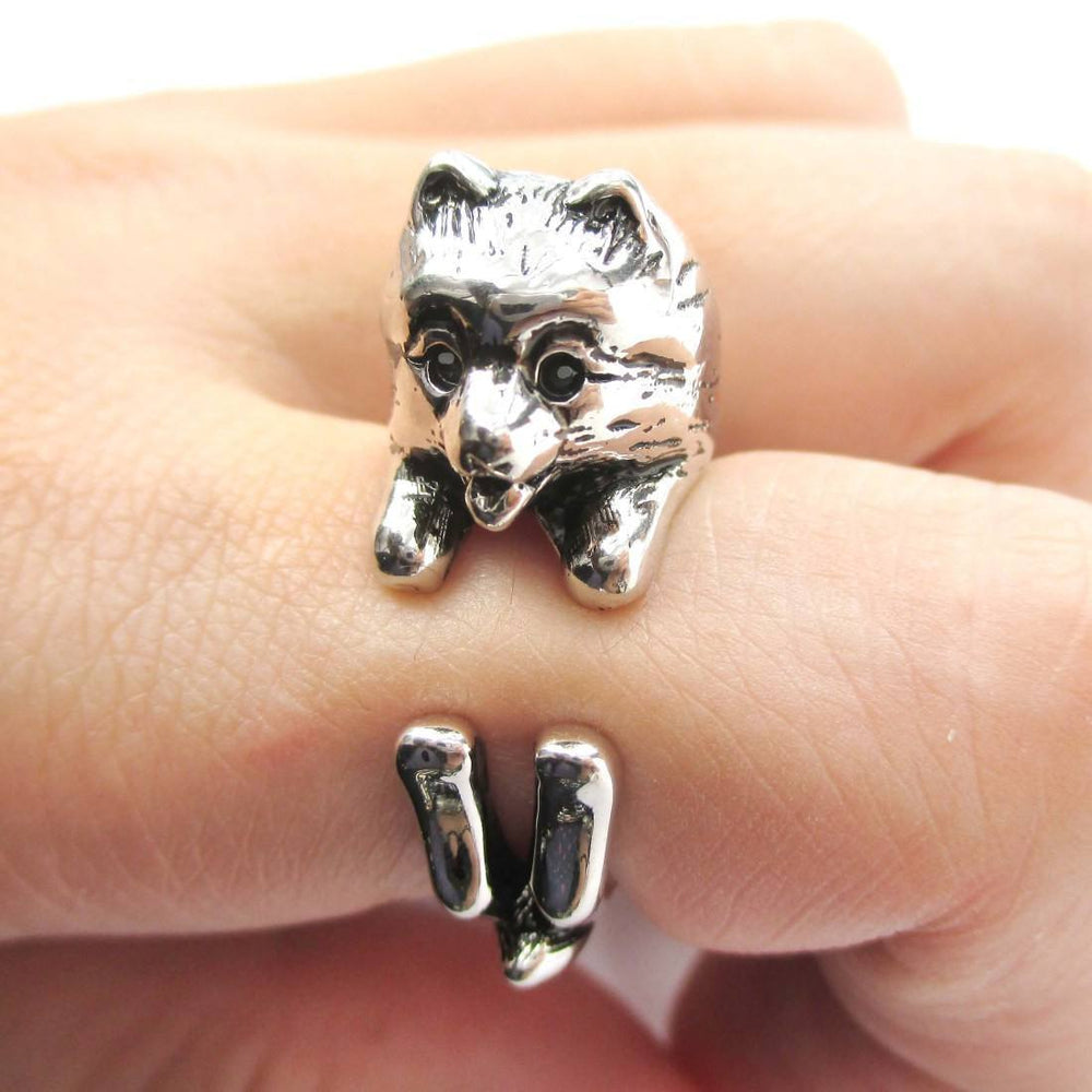 Realistic Pomeranian Pom Puppy Dog Shaped Animal Wrap Around Ring in Shiny Silver | DOTOLY