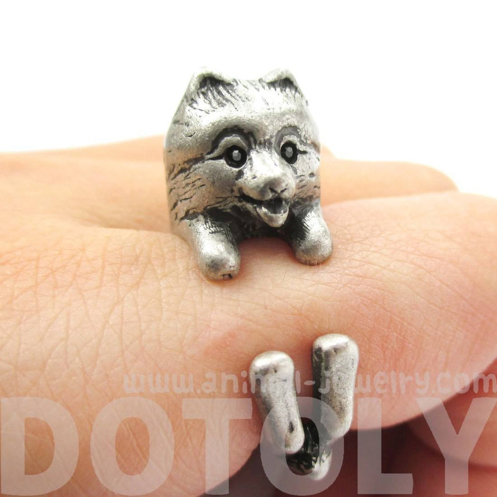 Realistic Pomeranian Pom Puppy Dog Shaped Animal Wrap Ring in Silver