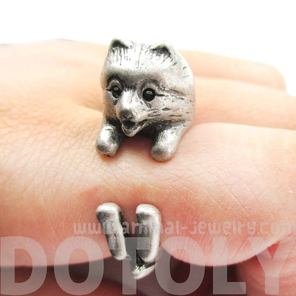 Realistic Pomeranian Pom Puppy Dog Shaped Animal Wrap Ring in Silver