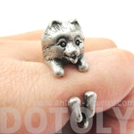 Realistic Pomeranian Pom Puppy Dog Shaped Animal Wrap Ring in Silver