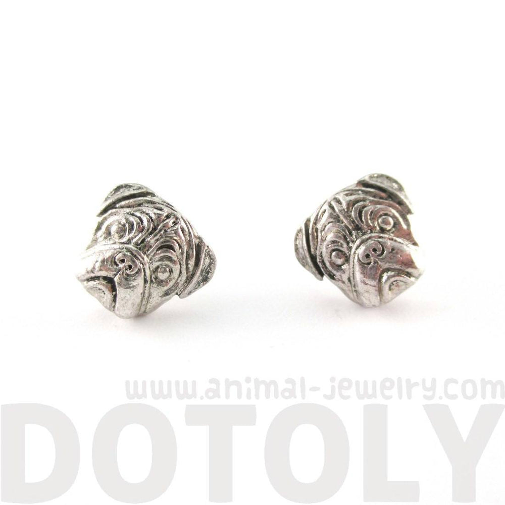 3D Pug Puppy Dog Face Shaped Stud Earrings in Silver