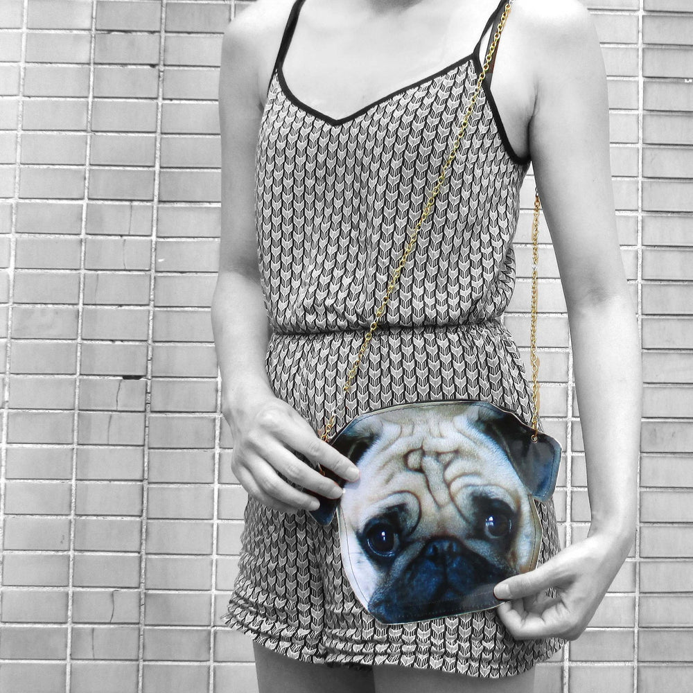 Pug Puppy Dog Head Shaped Vinyl Animal Photo Print Cross Shoulder Bag