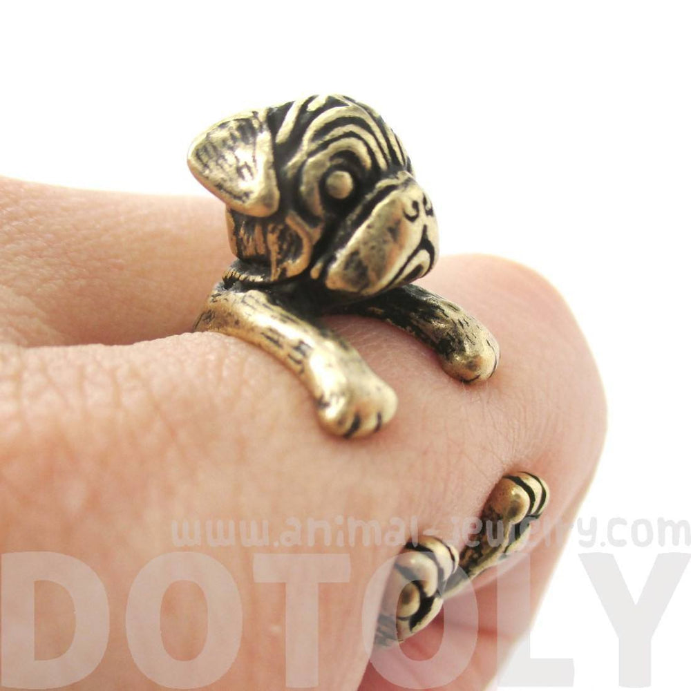 Pug Puppy Dog Shaped Animal Wrap Ring in Brass | DOTOLY