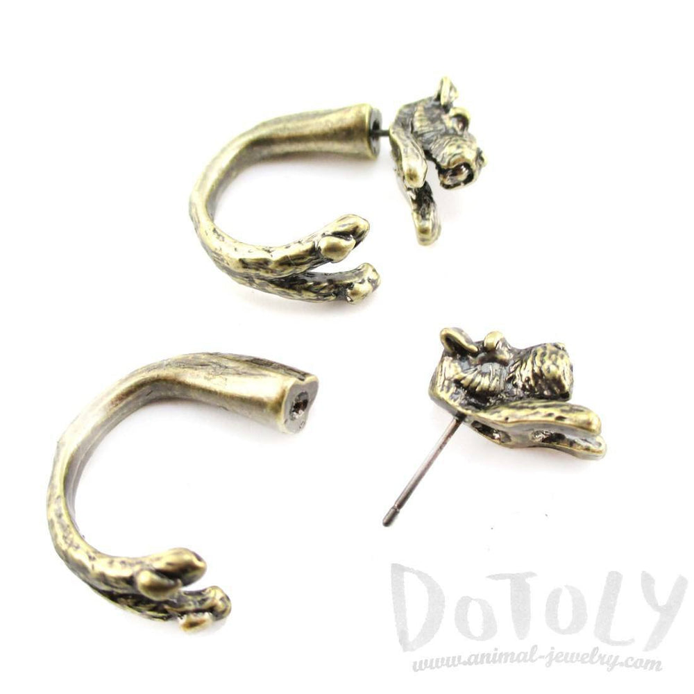 Schnauzer Shaped Front and Back Stud Earrings in Brass