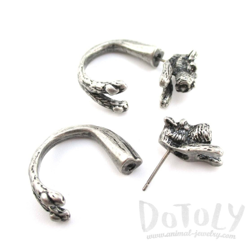 Schnauzer Shaped Front and Back Stud Earrings in Silver