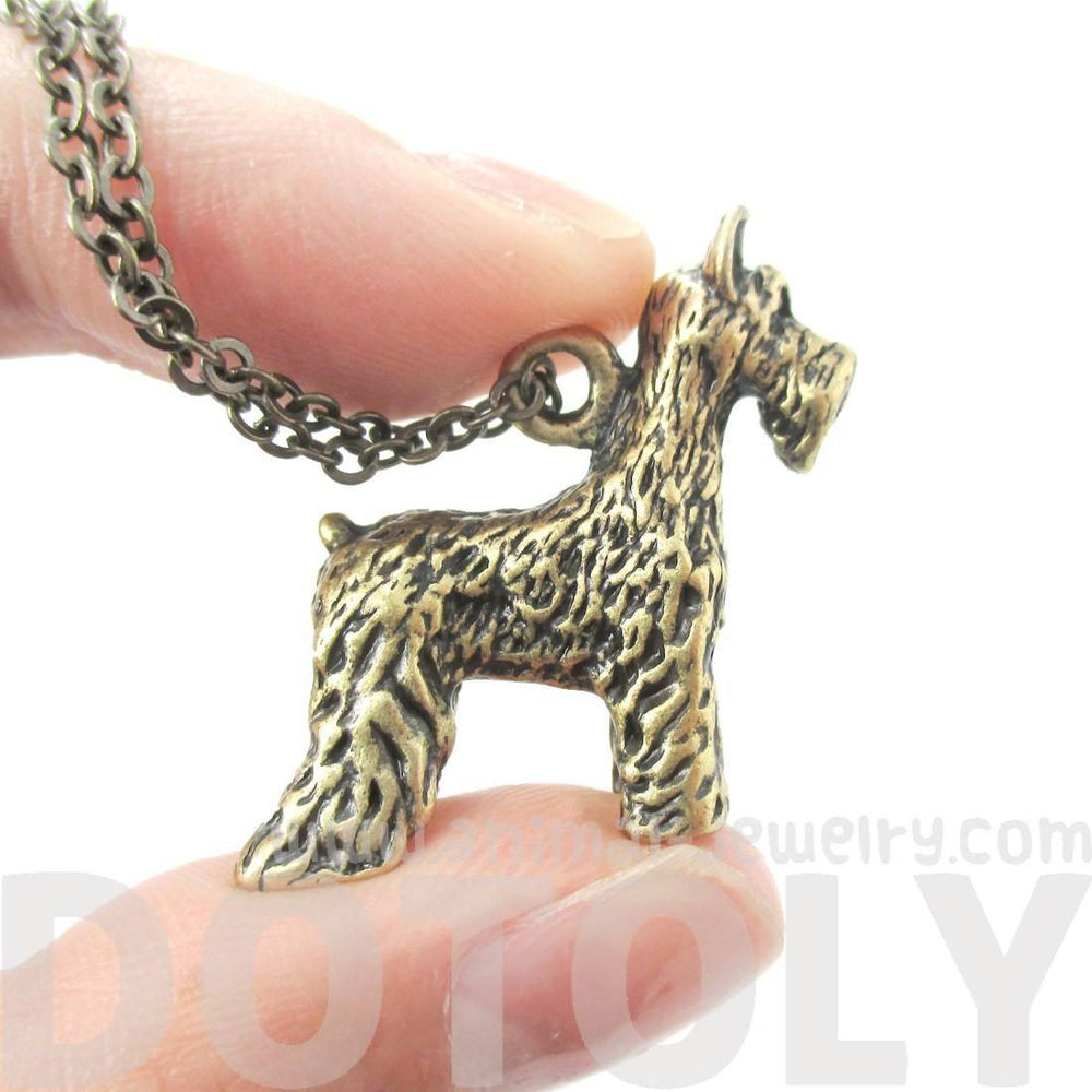 Realistic Schnauzer Puppy Dog Shaped Animal Pendant Necklace in Brass